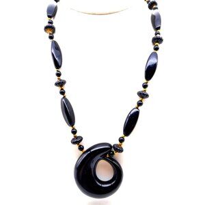 Park Lane Mod Black Lucite Pendant Necklace, Vintage Beads with Gold Tone Spacer